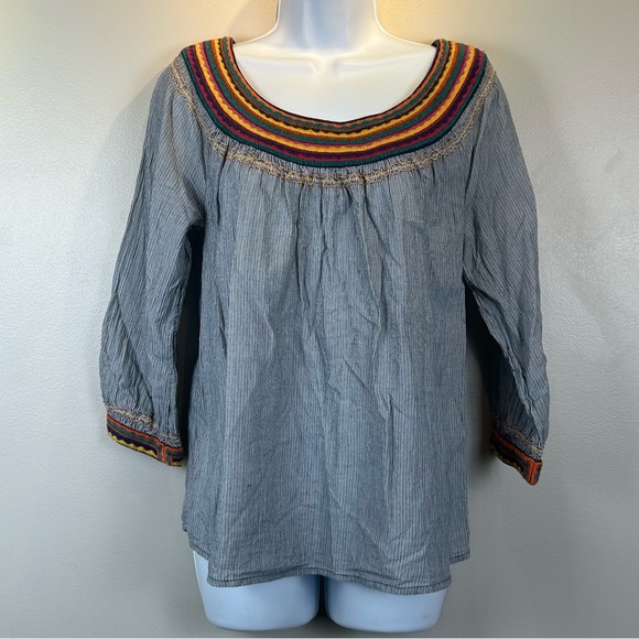 Lucky Brand Tops - Lucky Brand Striped Peasant Top With Colorful Neck & Cuff Detail Bohemian